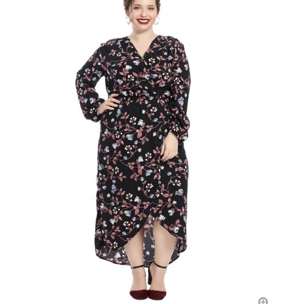 Long Sleeve Hi-Lo Dress In Multi Floral Print 3X